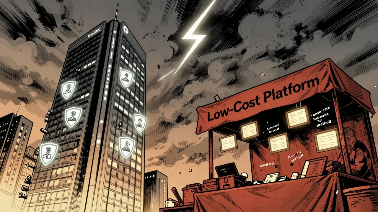 Dvě budovy představující dva typy online terapie: jedna vysoká a bezpečná, druhá chaotický trh.