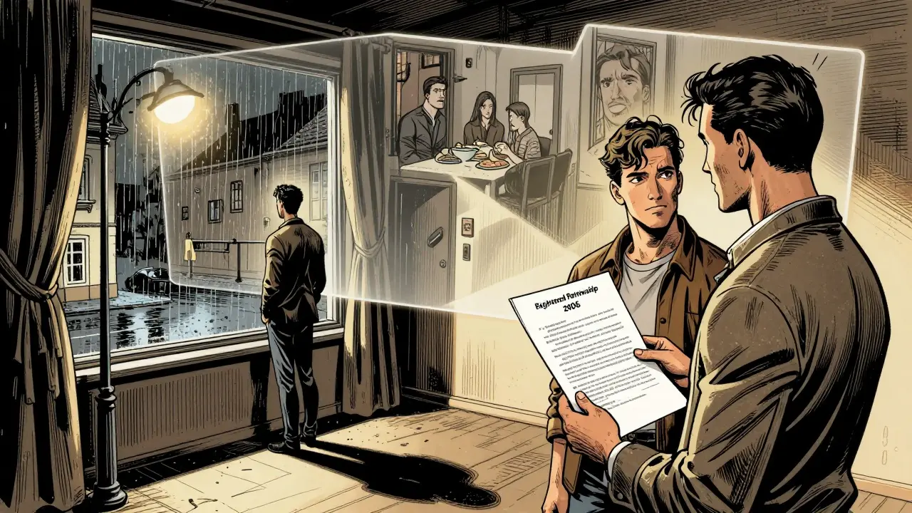 Gay pár v pražském bytě, jeden dívá do deštivé ulice, druhý drží právní dokument.