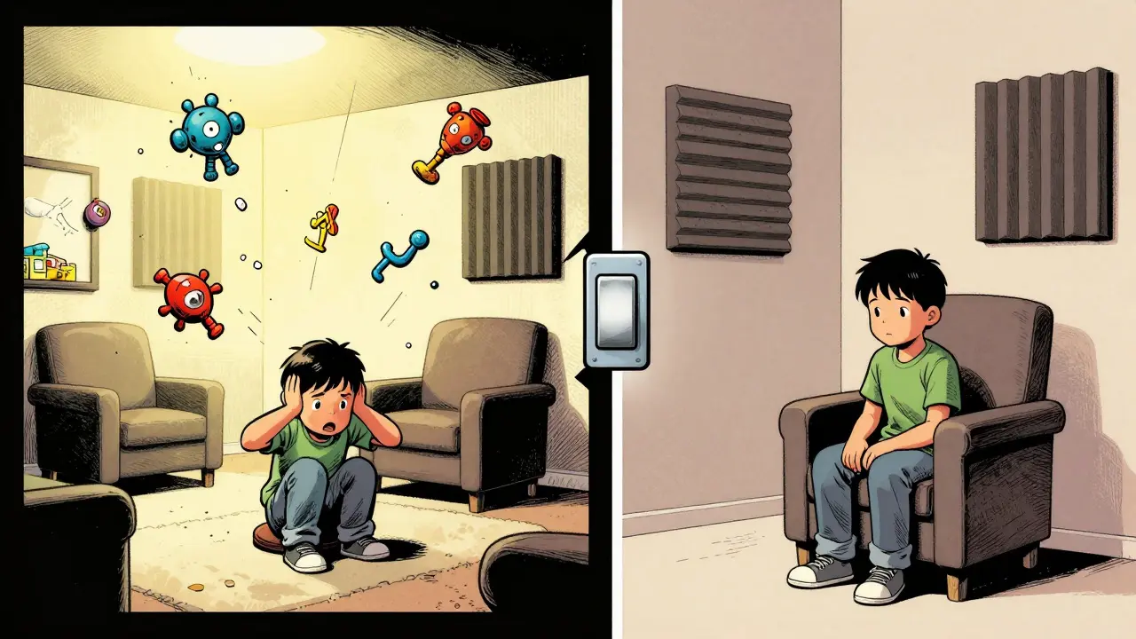 Kontrast mezi přetíženým a přizpůsobeným terapeutickým prostředím v jedné scéně.