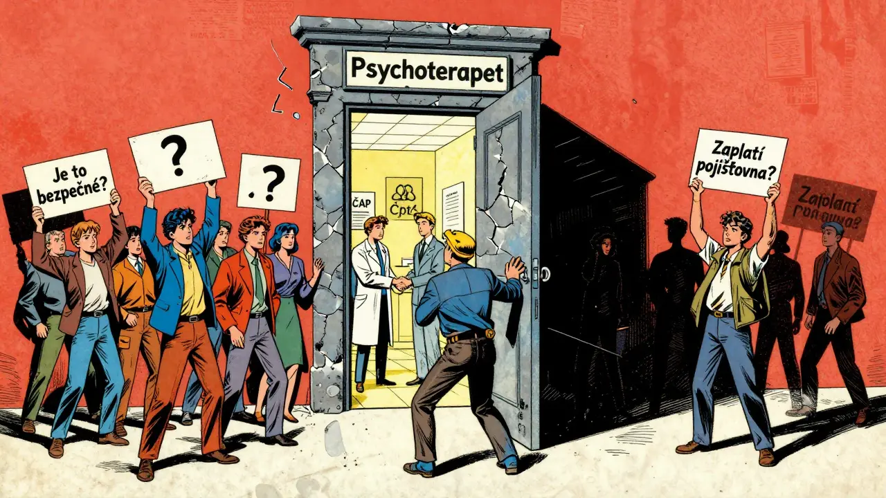 Lidé drží otázky před rozbitými dveřmi, za kterými se objevují kvalifikovaní terapeuti, zatímco podvodníci zmizí ve stínu.