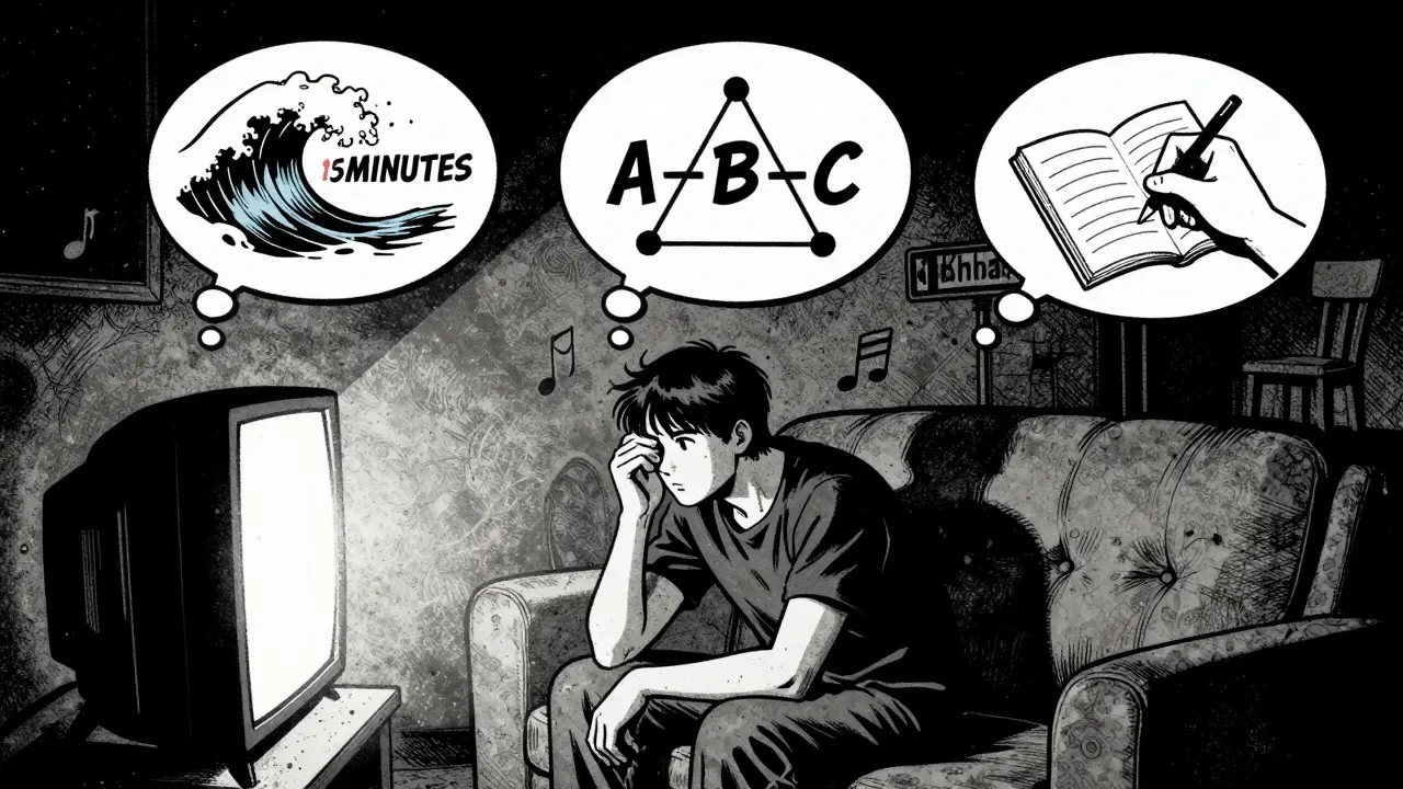 Muž sedí na kanapce večer, nad jeho hlavou jsou myšlenkové bubliny s diagramem A-B-C a znaky spouštěčů.