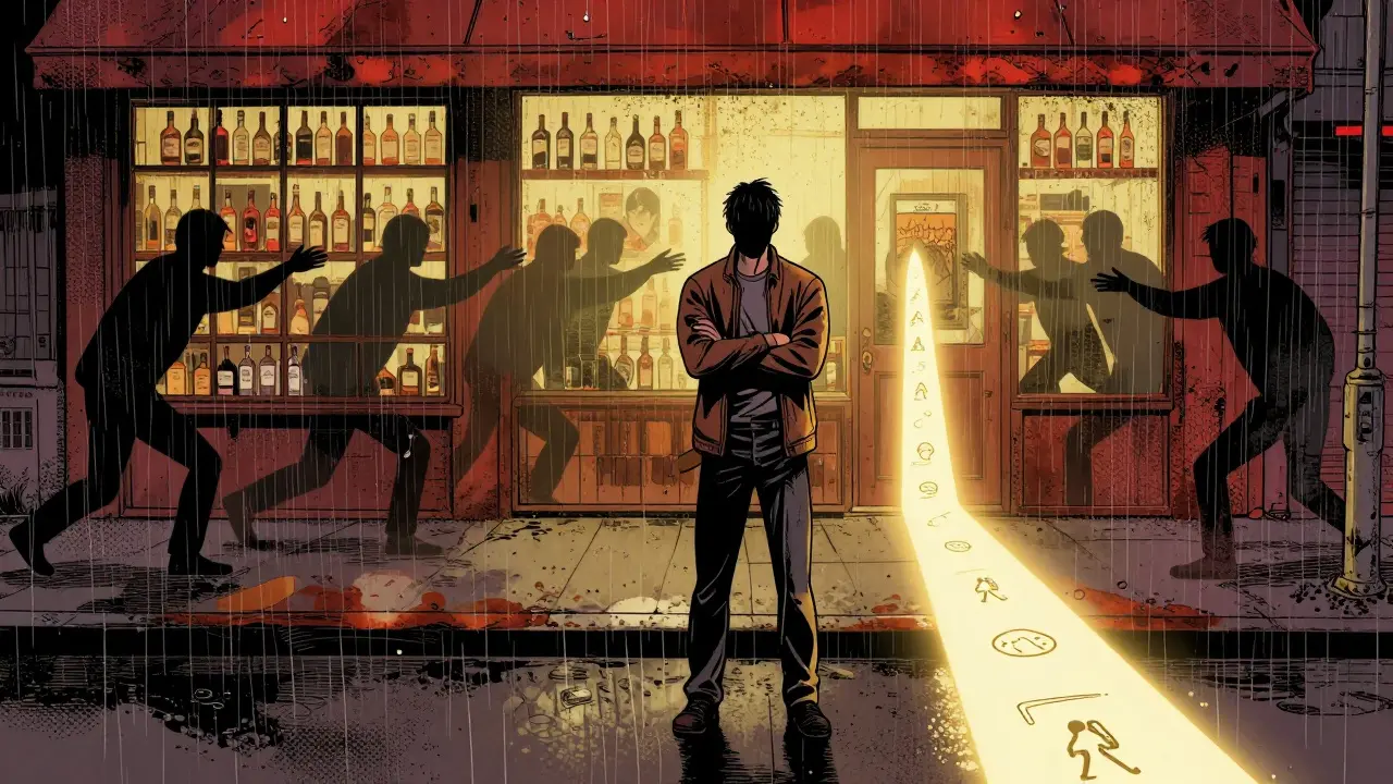 Muž stojí v dešti před obchodem s alkoholem, za ním stíny minulosti, před ním cesta k lepší volbě.