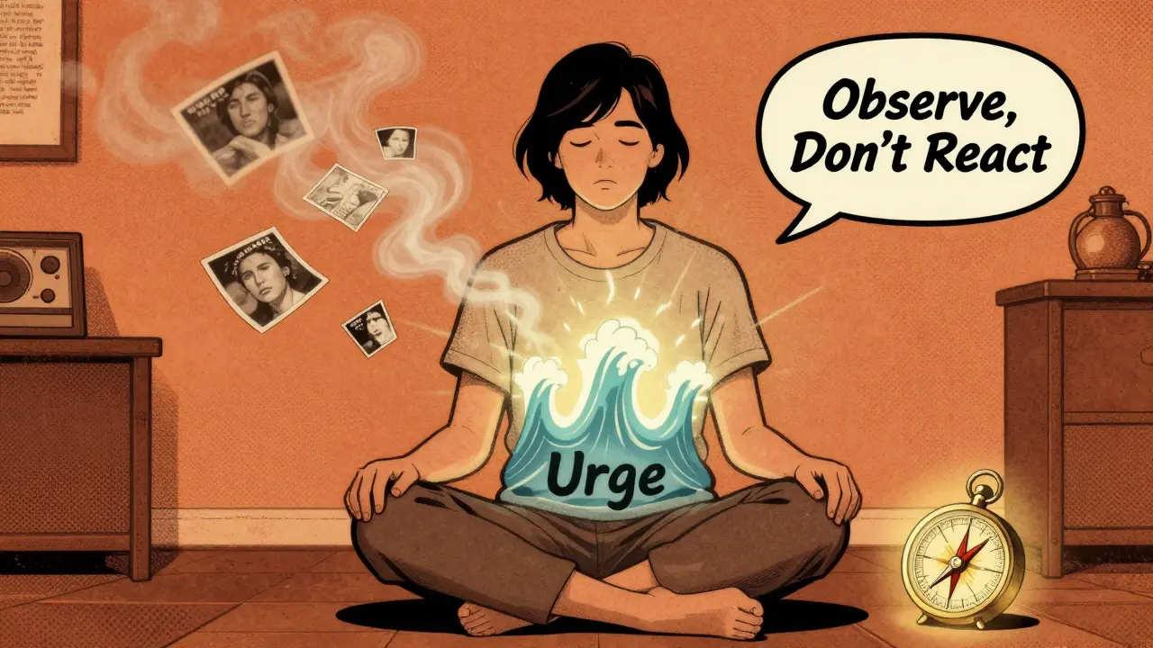 Osoba medituje, kolem ní se vynořuje vlna pokušení, zatímco se v okolí rozptylují vzpomínky na relaps.