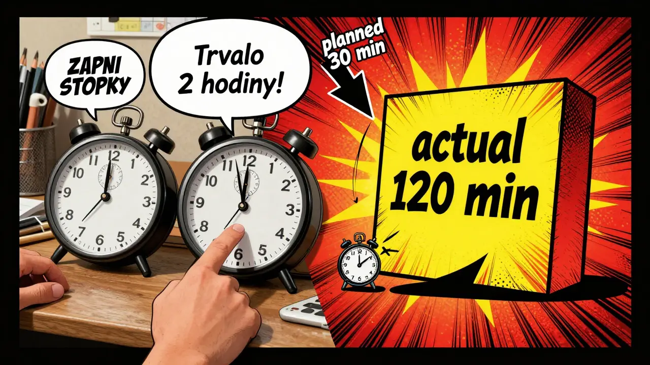 Osoba měří čas stopkami a analogovými hodinami, viditelně se liší plánovaný a skutečný čas.