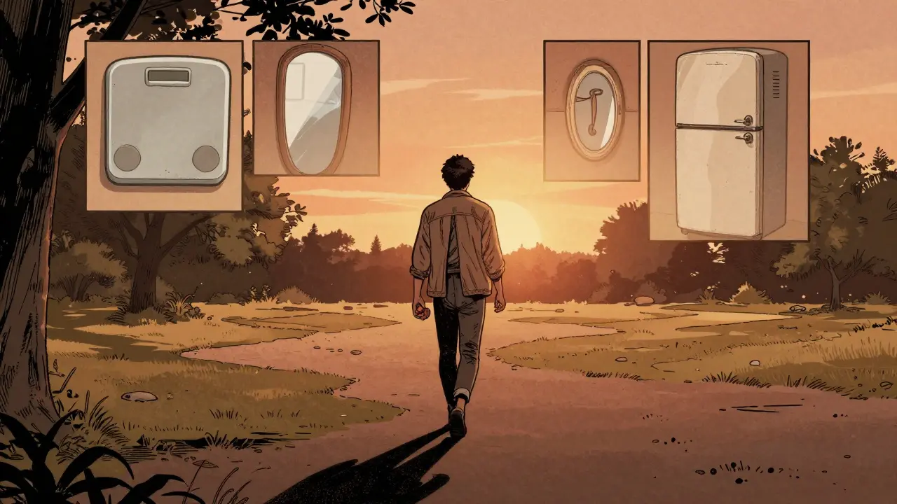 Osoba prochází parkem večer, drží ovoce, stín se táhne za ní, minulé strachy se rozpouštějí v záři západu.