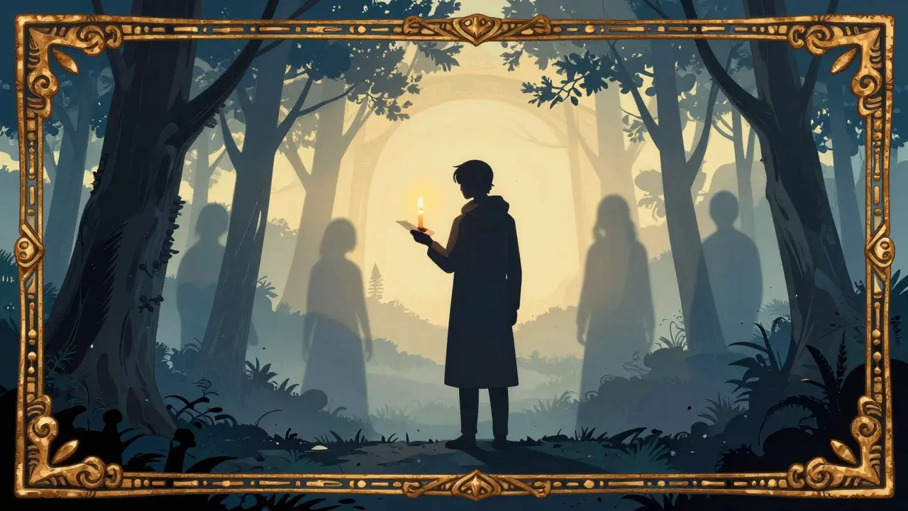 Osoba stojí v lese při východu slunce, drží svíčku a písmo, stíny minulosti se rozplynou za ní.