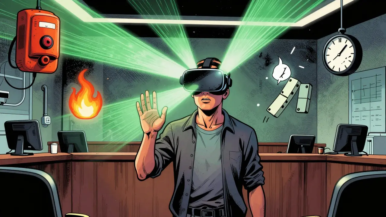 Pacient ve VR headsetu v laboratoři, virtualní úzkostné symboly se mění v klid.