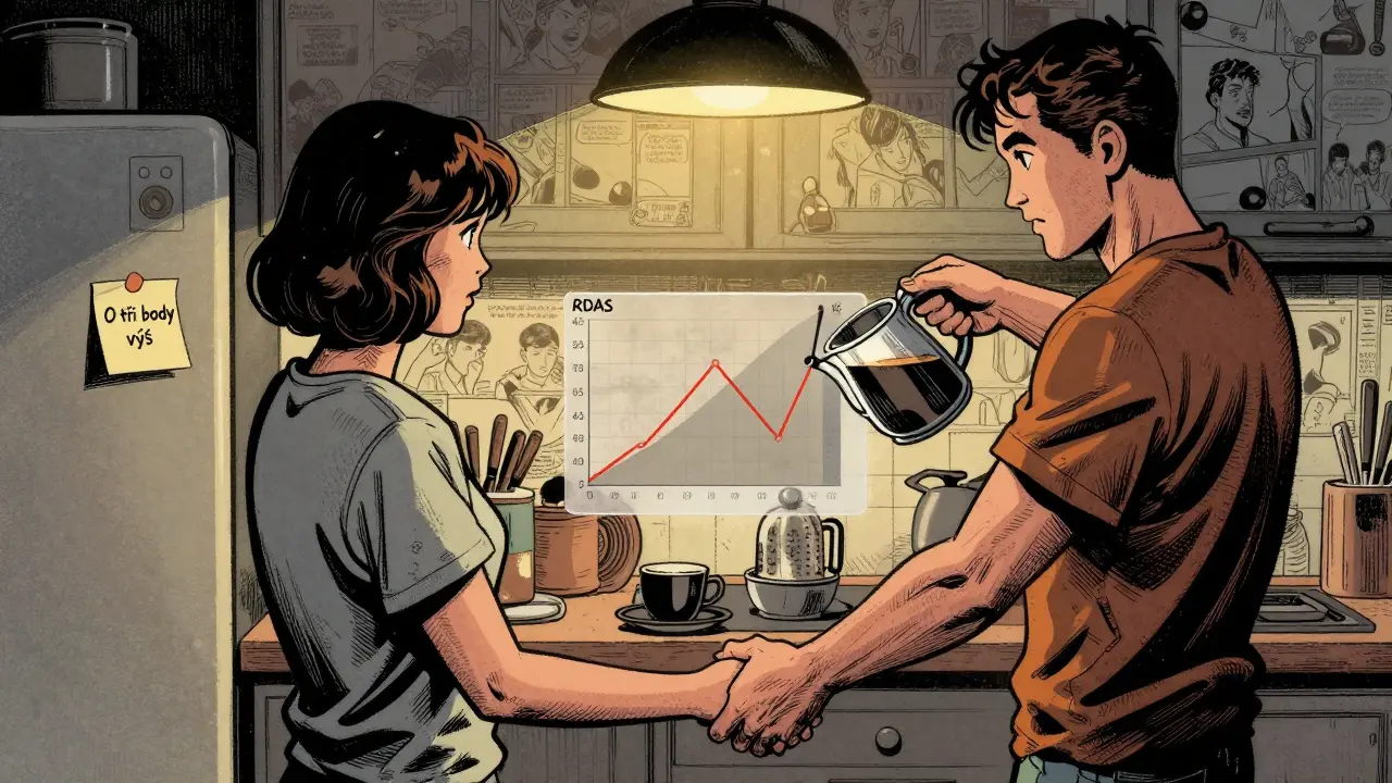 Pár se drží za ruce v kuchyni, na lednici je poznámka o zlepšení skóre.