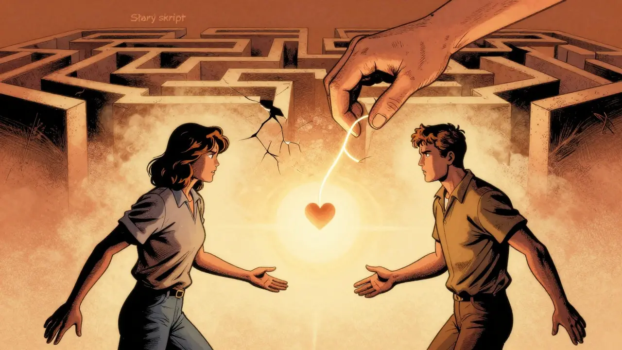 Pár se pomalu blíží, starý konflikt se rozpadá, nové spojení je vidět jako zlatý nit.