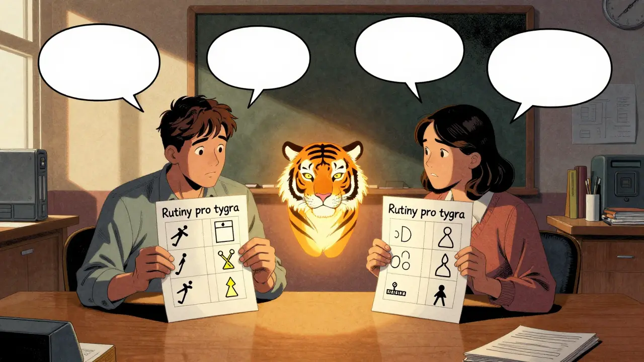 Rodič a učitel společně studují plán pro dítě s ADHD s symbolem tigra.