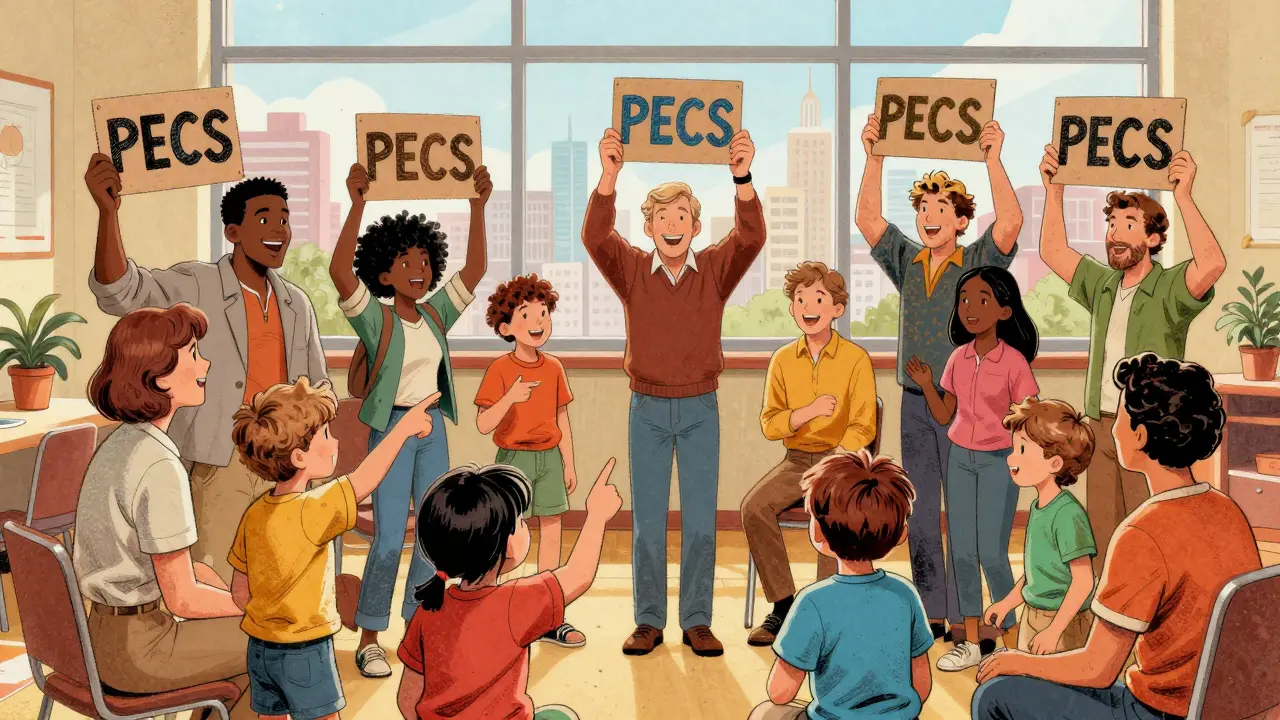 Rodice a terapeuti v centru používají komunikační desky s dětmi, v pozadí město.