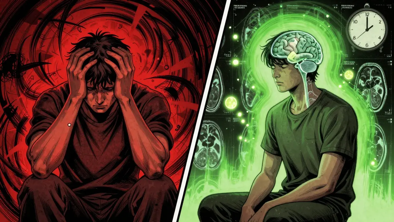 Rozdělený obraz: úzkost vs. klid s viditelnou změnou v mozku.