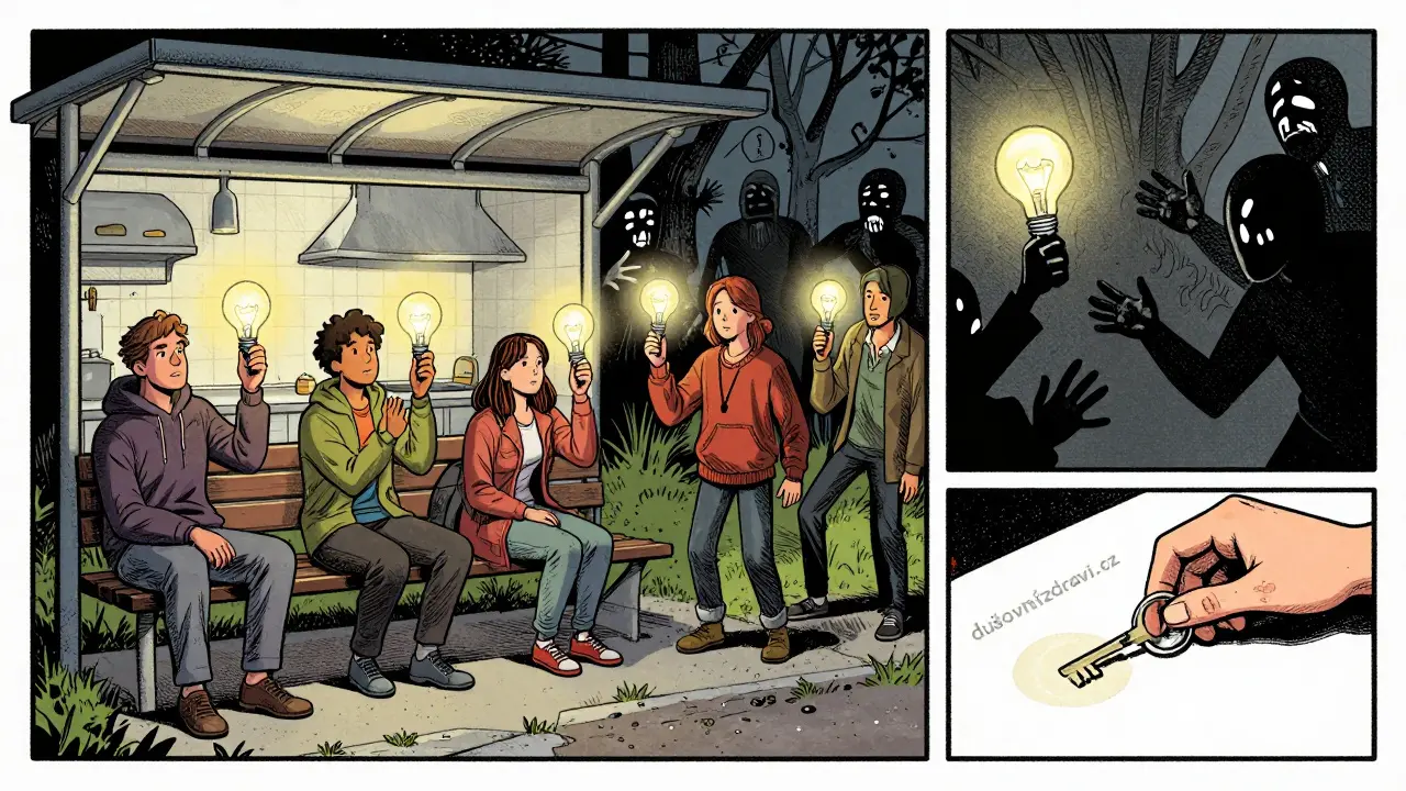 Různí lidé drží zářivé žárovky, které odolávají temnotě, zatímco za nimi stíny pochybností.