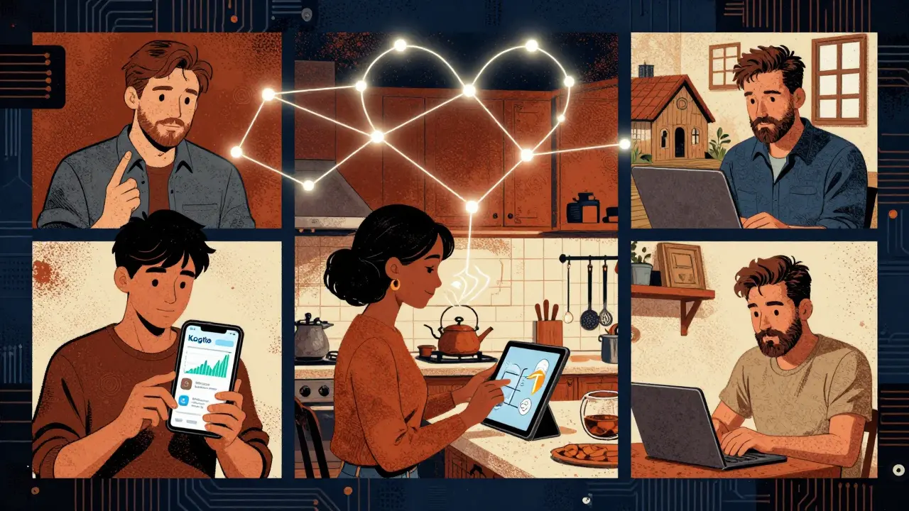 Různí lidé v Česku používají digitální nástroje pro duševní zdraví, propojení světly tvaru srdce.