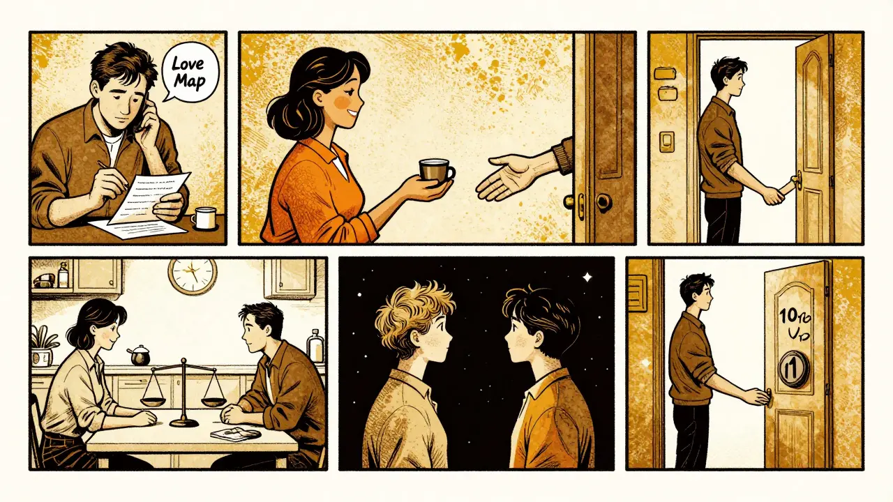 Sedm panelů znázorňující Gottmanovy principy: mapa lásky, přívětivost, obrácení se k sobě, přijetí vlivu, řešení problémů, společný smysl a rituál.