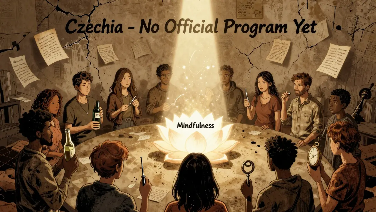 Skupina lidí drží symboly závislosti, zatímco nad nimi září lotos s nápisem 'Mindfulness' a letí překládané stránky.