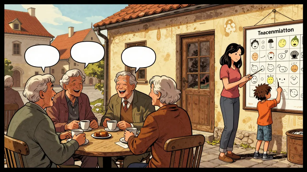 Skupina lidí různých věků se setkává ve společenském prostředí pro podporu duševního zdraví.