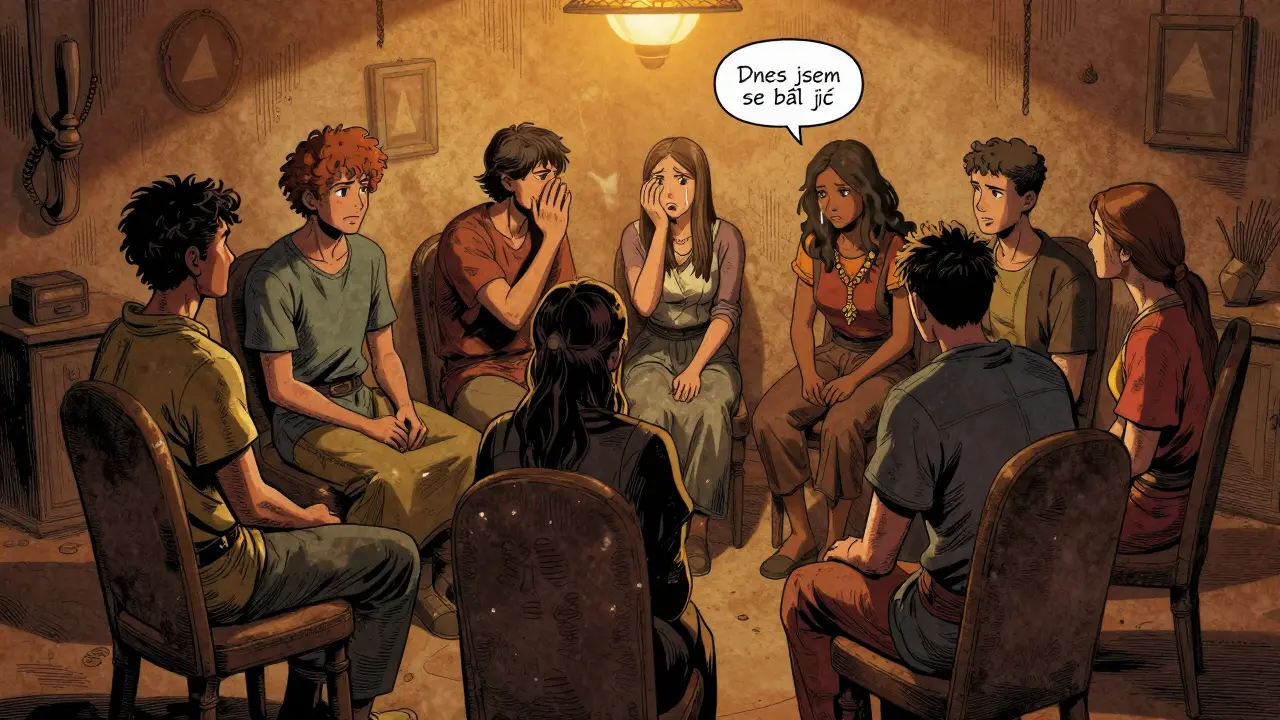 Skupina lidí v kruhu, kteří se navzájem podporují tichým přiznáním a pohledem v tiché místnosti.