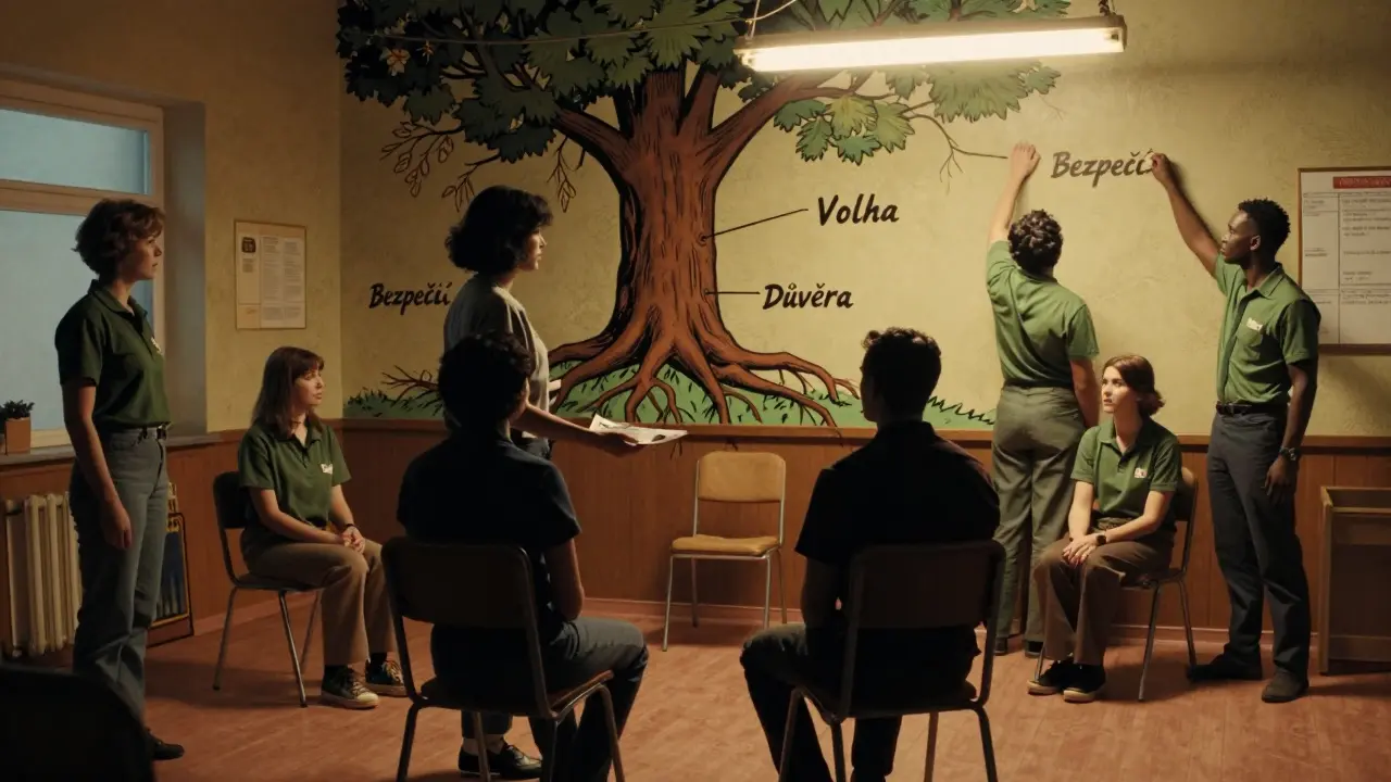 Sociální pracovníci v centru nabízejí volbu, zhasínají jasné světlo, za nimi nástěnka s kořeny zásad trauma-informed přístupu.