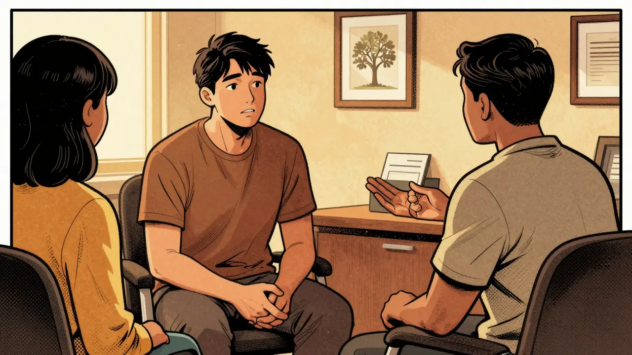 Terapeut a klient sedí v kanceláři, terapeut naslouchá s klidným výrazem, bez slov.