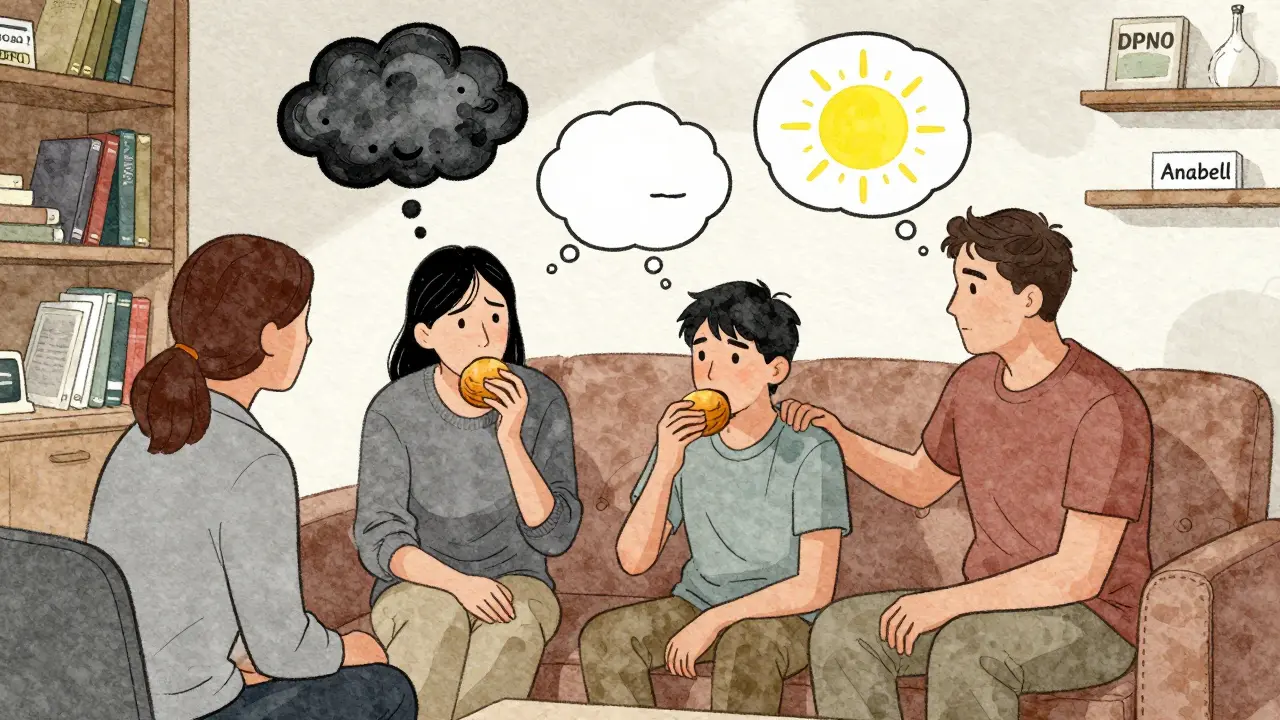 Terapeut a rodina podporují pacienta, který jí koláč v klidné kanceláři, ruce se dotýkají, atmosféra je teplá.