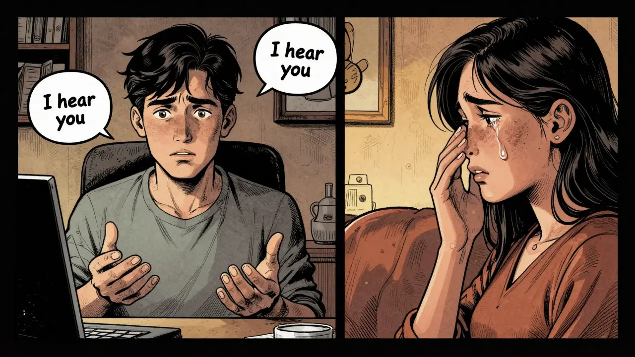 Terapeut na online schůzce a klient doma, slova 'Slyším tě' plavou mezi nimi, překonávají vzdálenost.