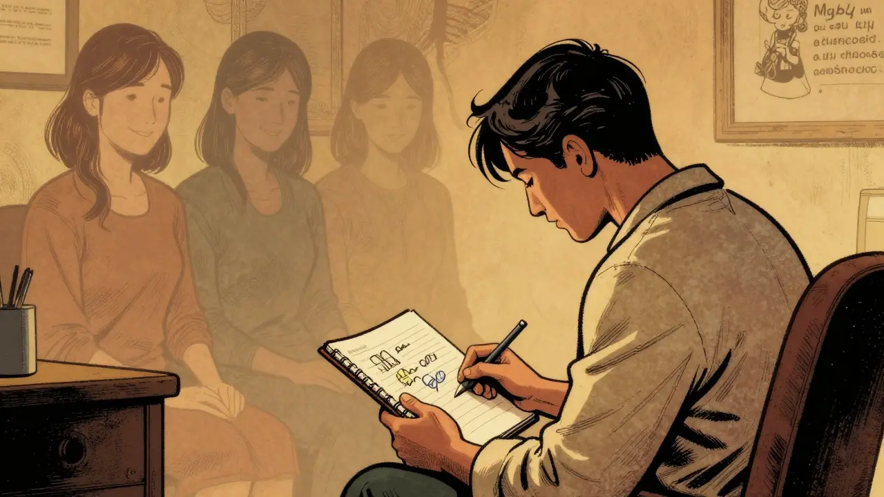 Terapeut s notebookem, za ním stíny dřívějších klientů, kteří se uvolňují — znázorňuje tíhu a sílu empatie.