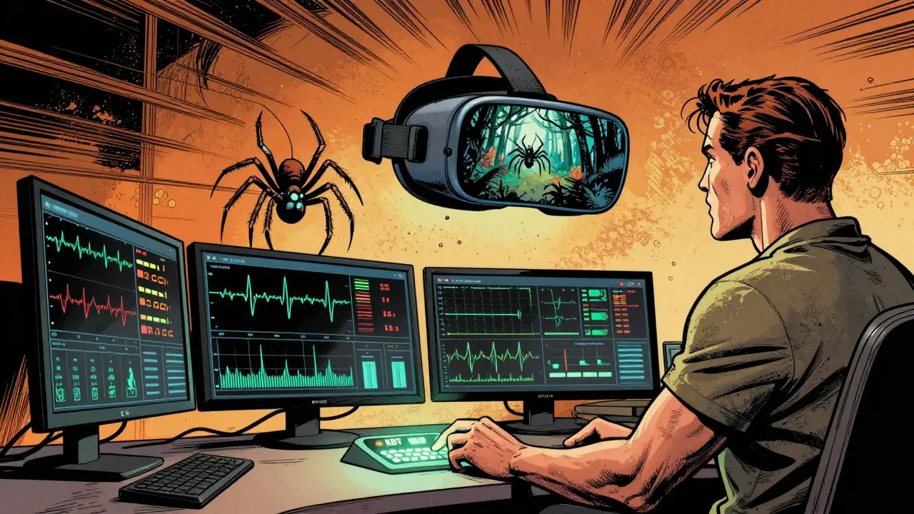 Terapeut sleduje biosignály na obrazovkách, zatímco ve virtuální realitě visí pavouk.