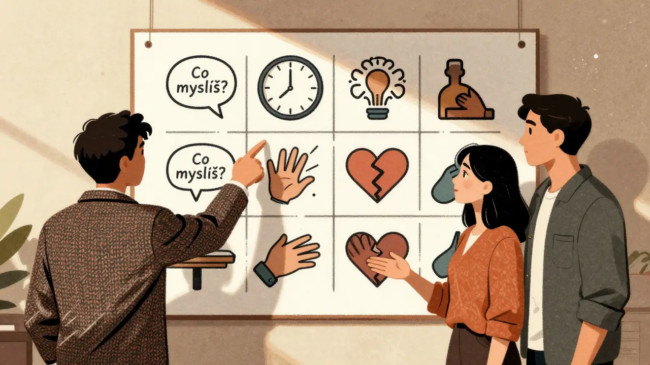 Terapeut ukazuje na stěnný graf s deseti ukazateli pokroku ve vztahu.