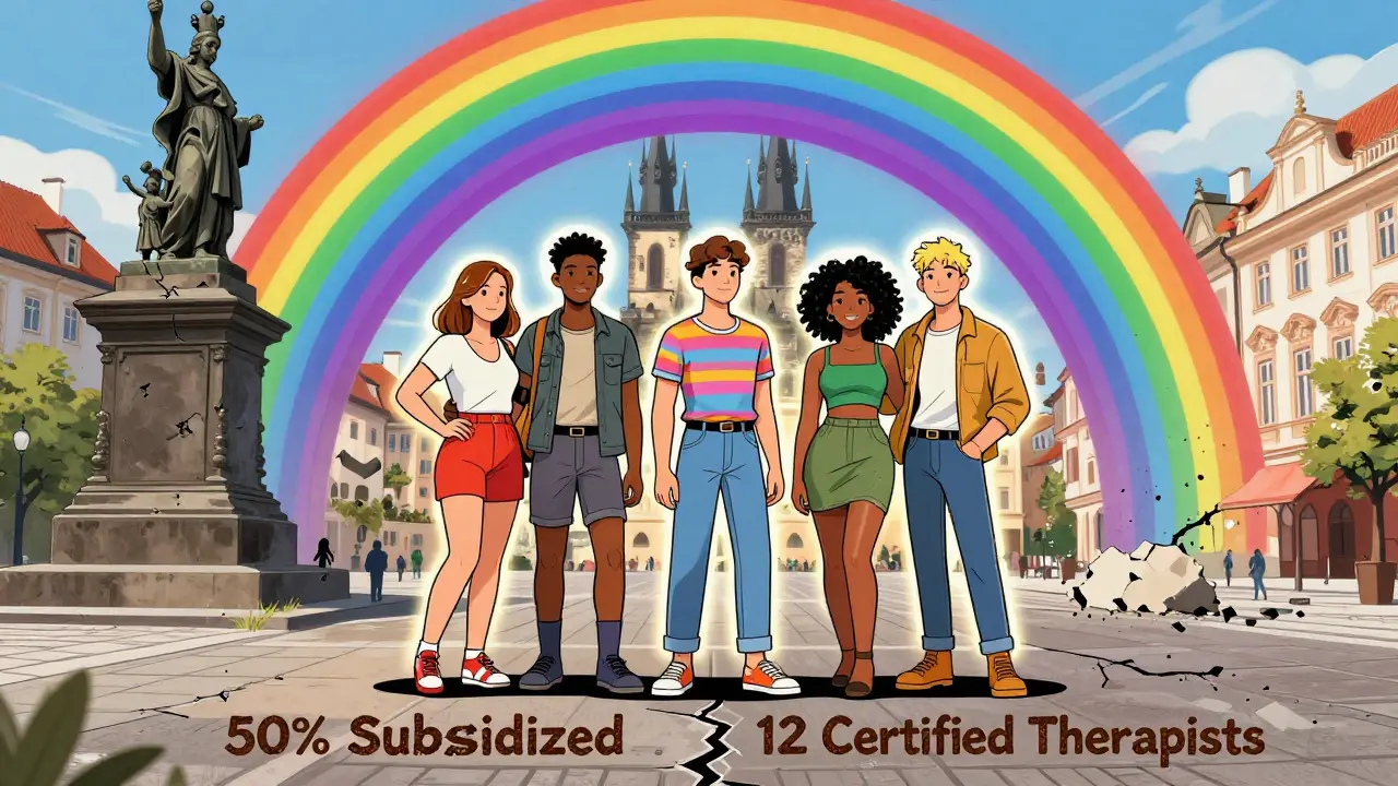 Tři LGBTQ+ páry stojí pod duhou, za nimi se říhá socha tradiční rodiny.