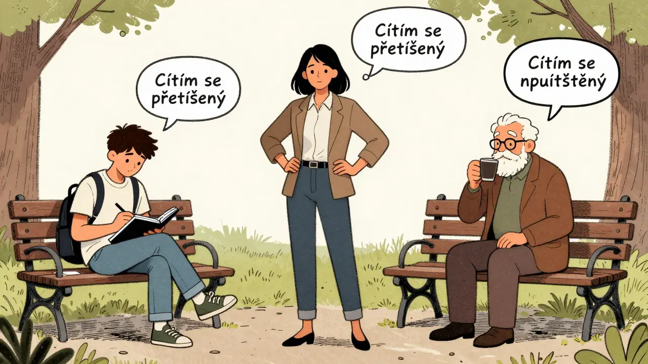 Tři lidé v běžných situacích si uvědomují své emoce v myšlenkových bublinách.