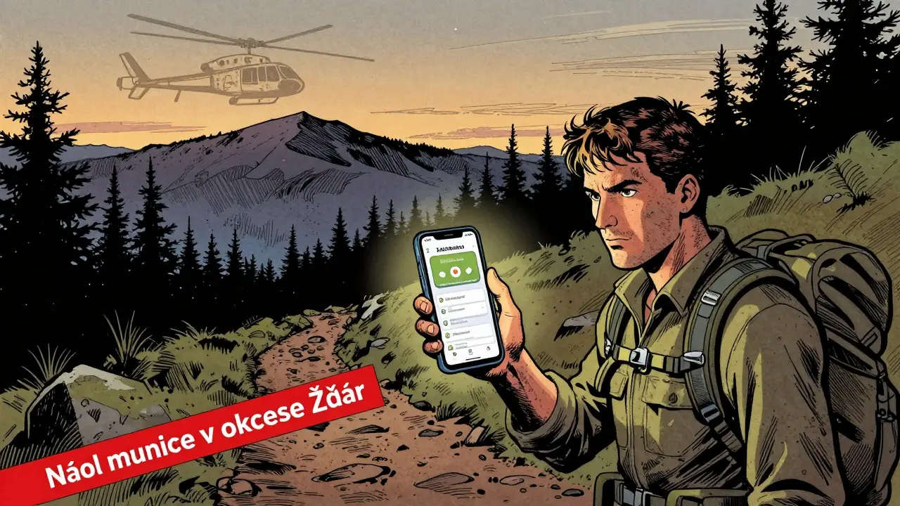 Turista na horské stezce vidí varování o nálezu munice na obrazovce telefonu.