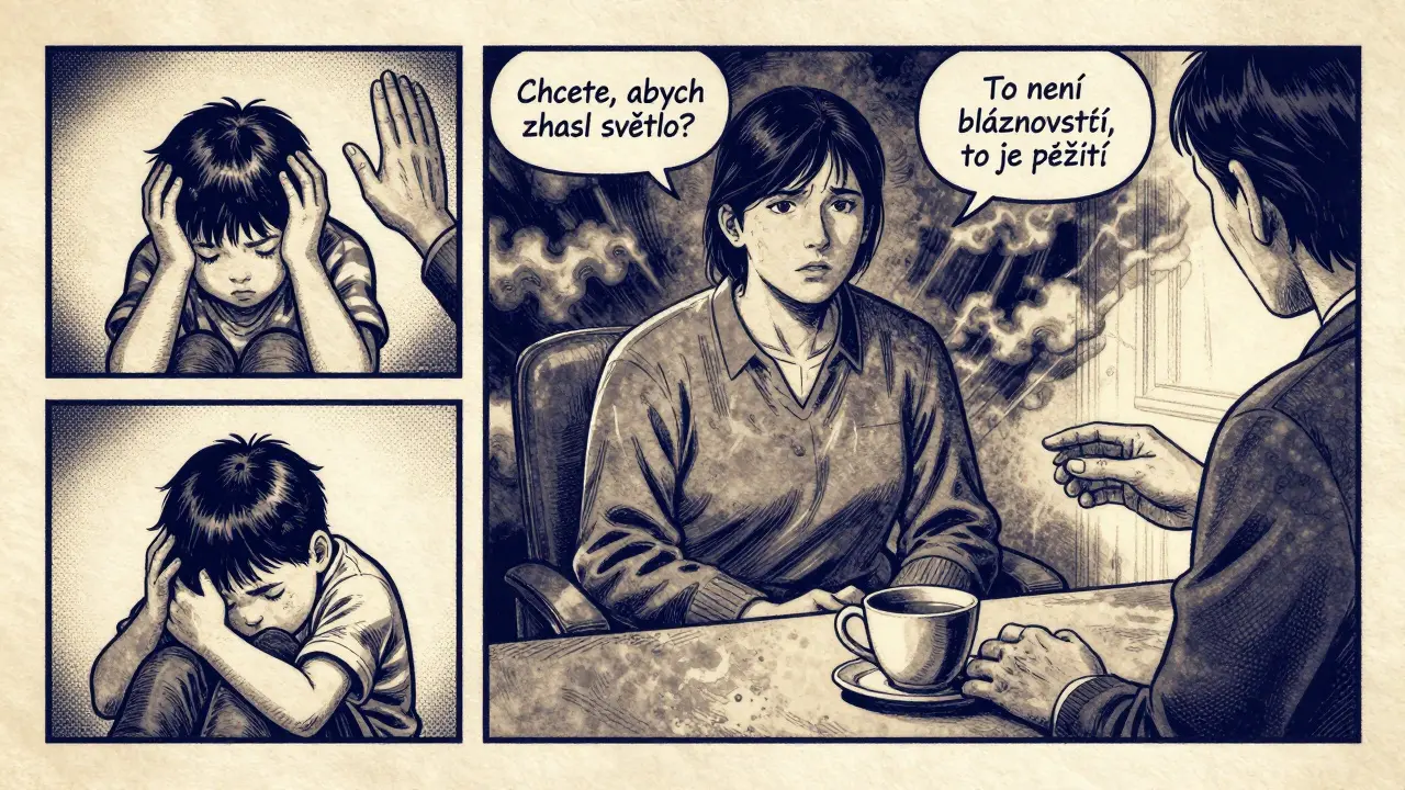 Vnitřní svět klienta: dítě se skrývá, dospělý je v terapii, tělo vyzařuje napětí, terapeut nechává prostor bez doteku.