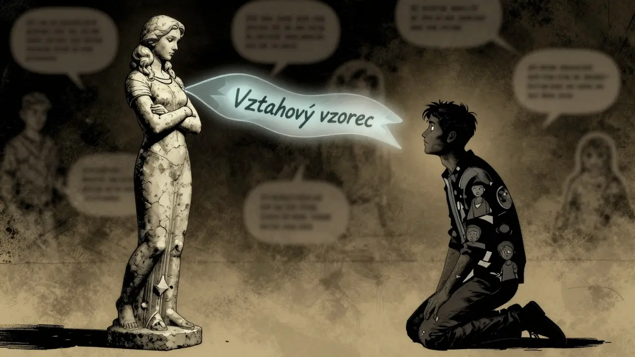 Žena jako socha, muž se k ní skrčí, mezi nimi plave starý vztahový vzorec jako duch.