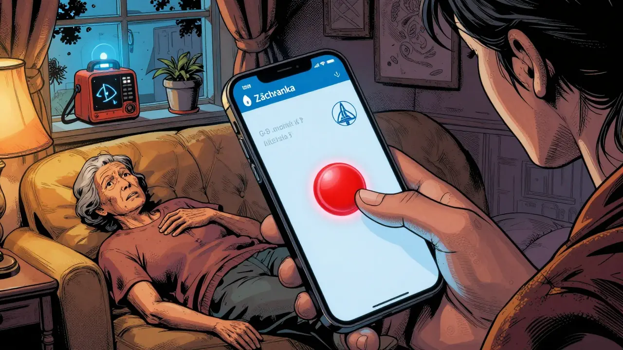 Žena používá aplikaci Záchranka na telefonu, aby přivolala pomoc pro svou starší matku.
