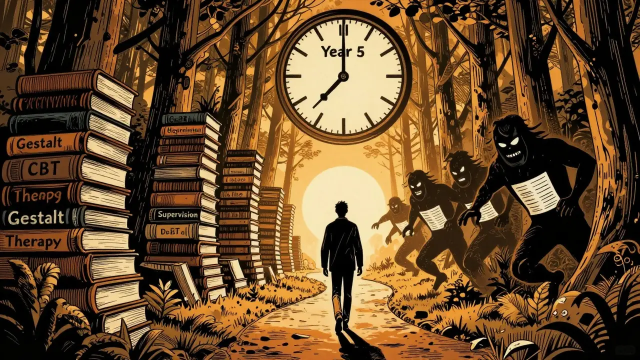 Člověk jde cestou knih o psychoterapii, za ním stíny dluhů a hodiny ukazují rok 5.