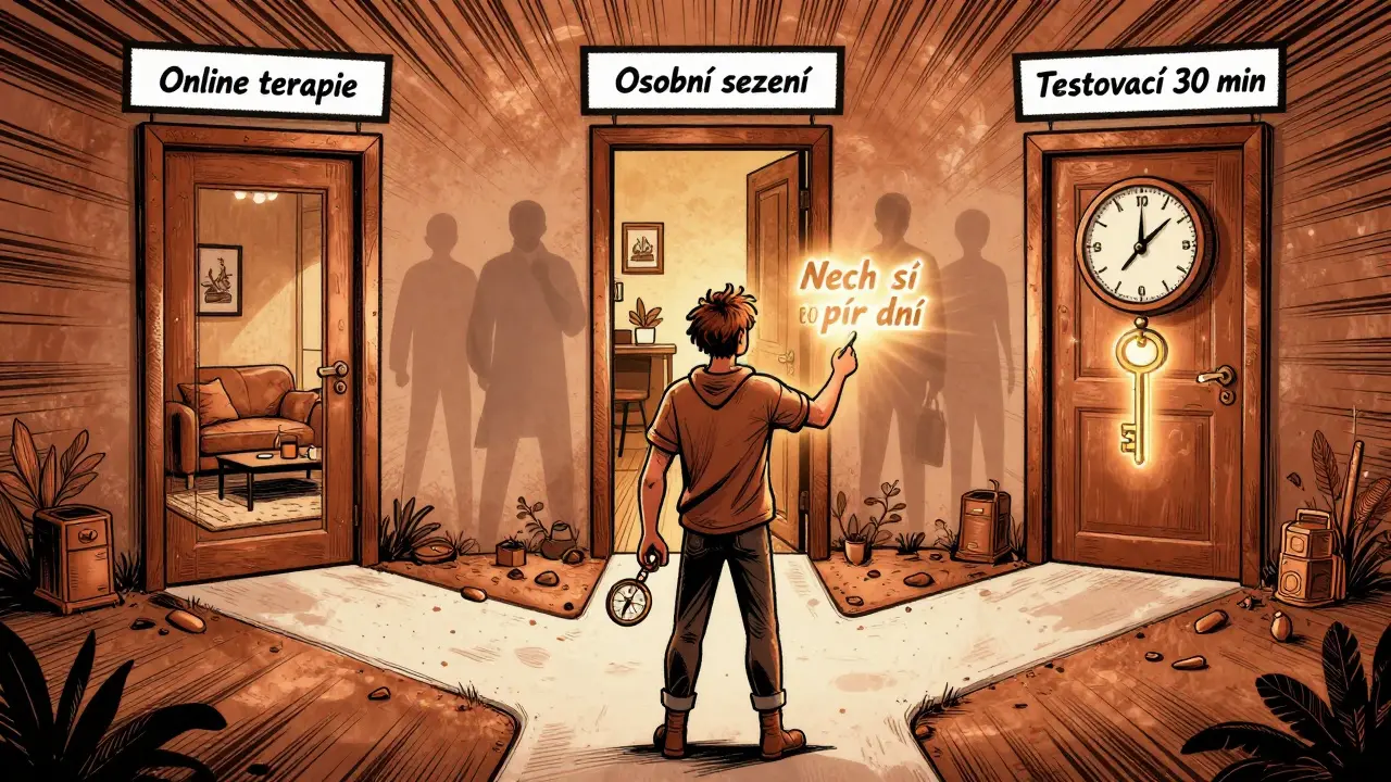 Člověk před třemi dveřmi terapie, kompas ukazuje na 'testovací sezení'.