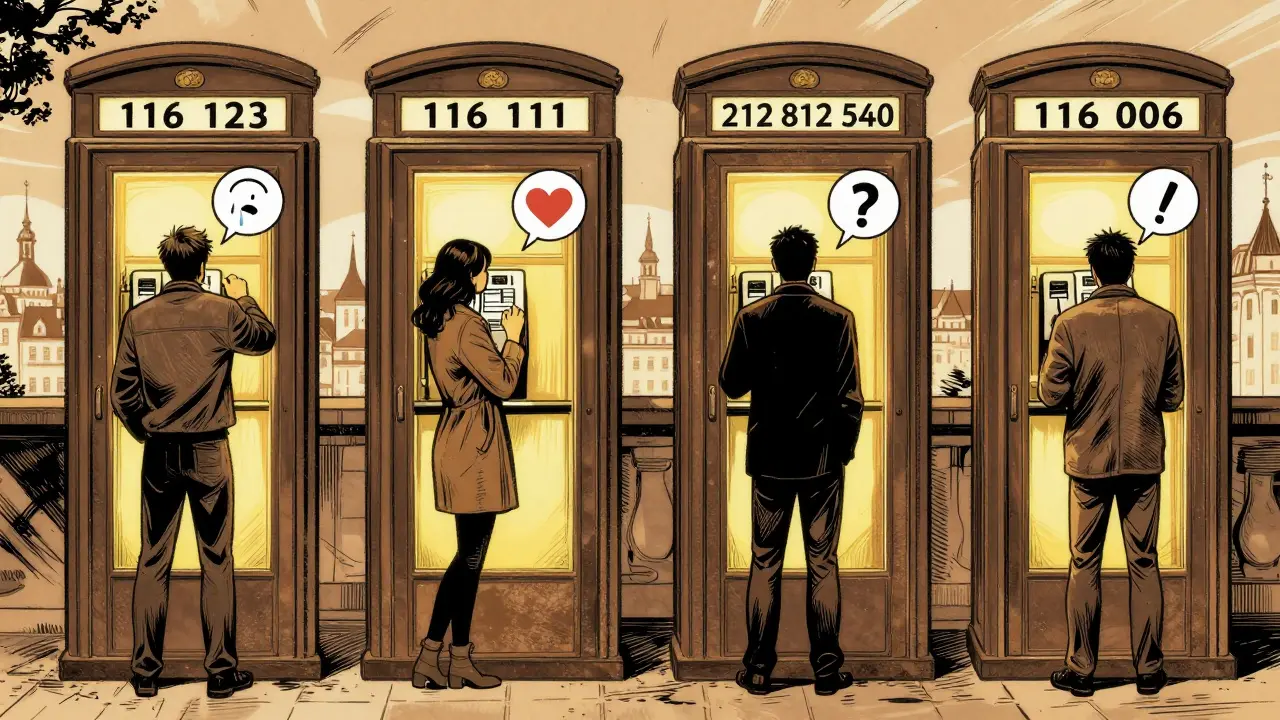 Čtyři anonymní postavy volají na různé bezplatné linky v telefonních autobusech.