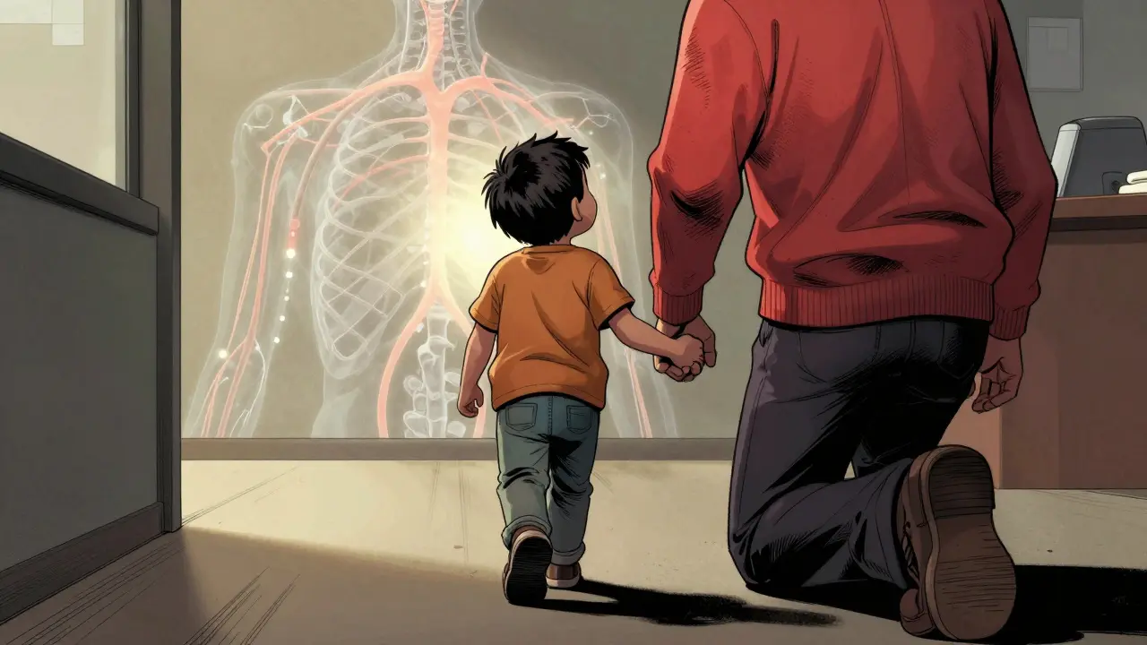 Dítě a rodič jdou z lékařské konzultace, drží se za ruce, s jemným zářivým obrazem nervového systému.