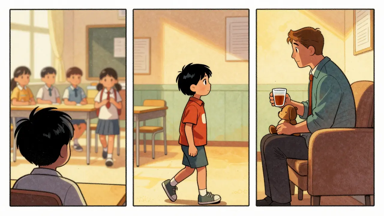 Dítě pomalu vstupuje do klidné třídy, kde ho čeká psycholog s čajem a hračkou, osvětlené teplým světlem.