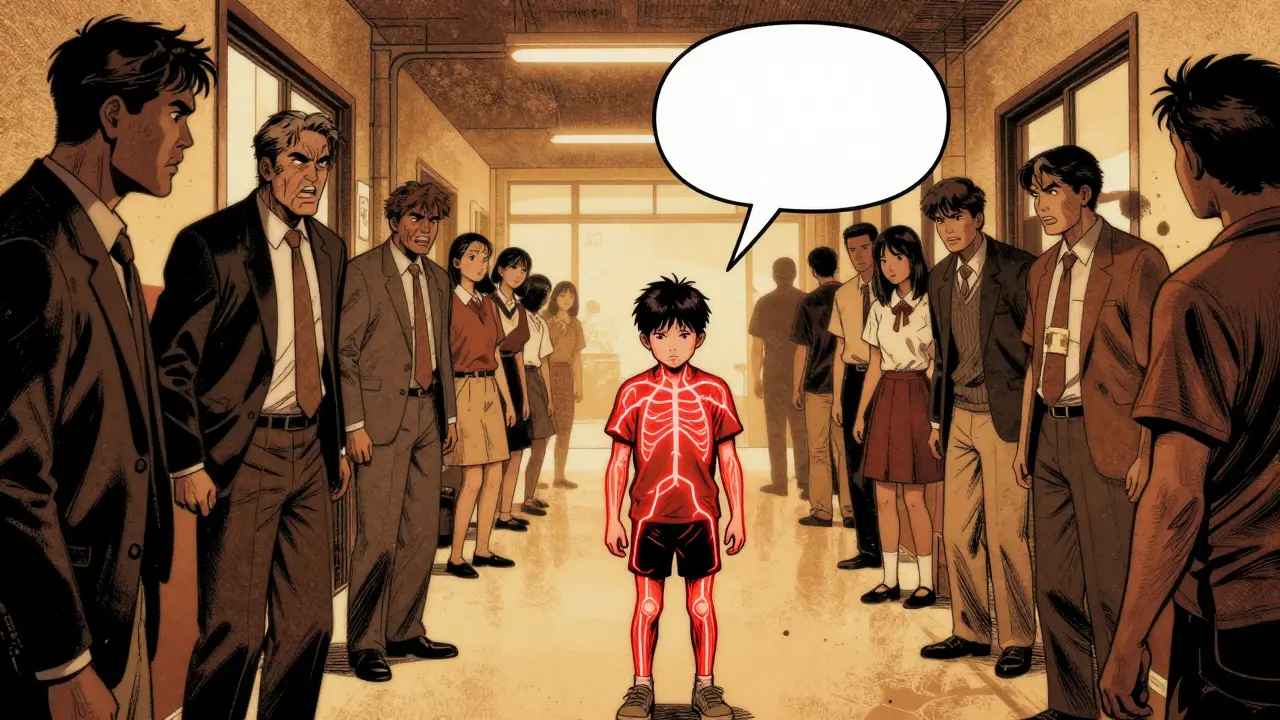 Dítě ztichlé stojí ve školní chodbě, obklopeno nejasnými, hrozivými postavami učitelů a spolužáků.