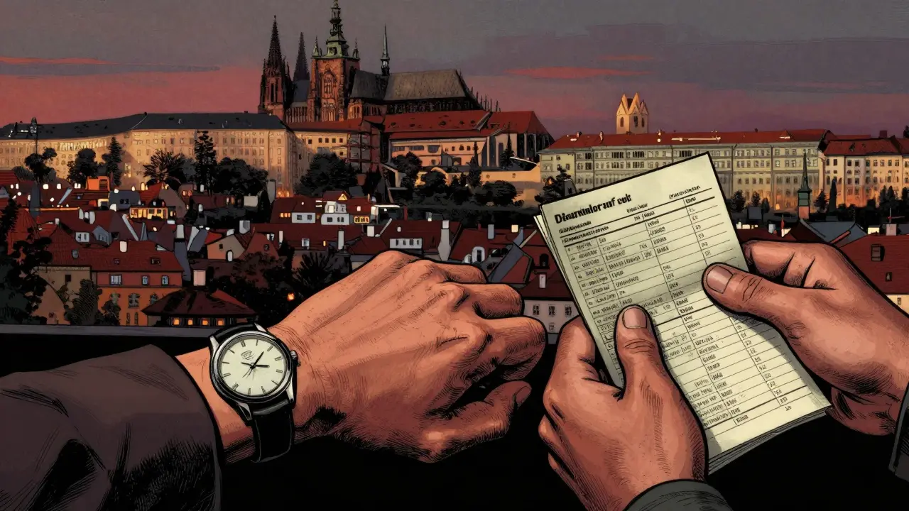 Dvě ruce se drží za paží, jedna drží hodinky, druhá rozvrh vlaků, pozadí Praha.