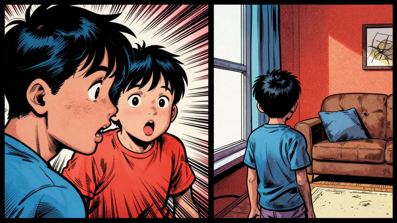 Okamžitá a odložená echolálie v komiksové scéně s dětmi a rodiči.