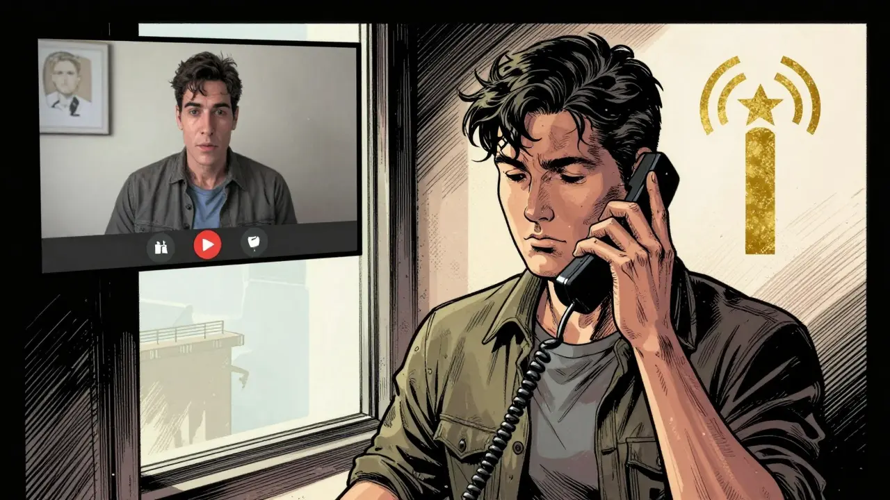 Osoba hovoří po telefonu s stabilním signálem, zatímco videohovor selhává.