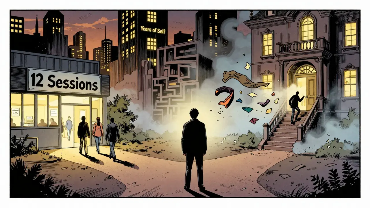 Osoba stojí na rozcestí mezi krátkodobou a dlouhodobou terapií v městském krajině.