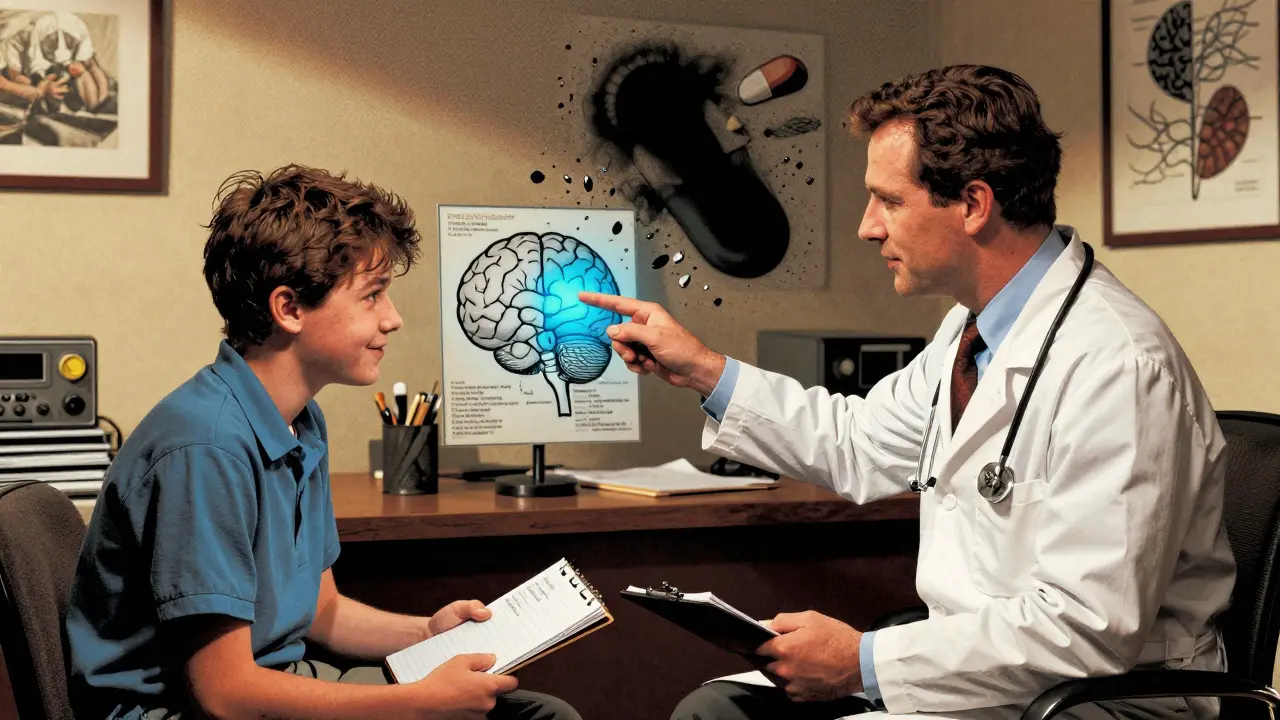 Psychiatra vysvětluje teenagerovi, jak atomoxetin působí na přední mozkovou kůru, zatímco stimulans se rozpadá.