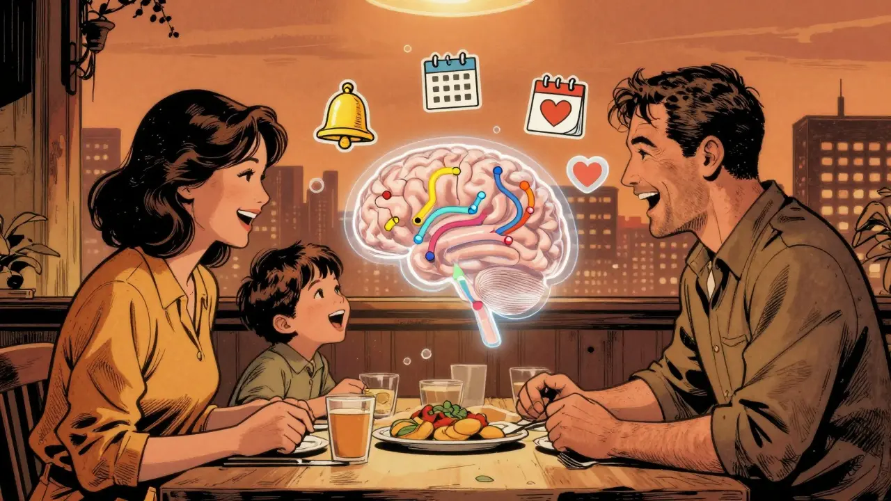 Rodina spolu veselo večeří, zatímco transparentní obraz mozku ukazuje rovnováhu neurotransmiterů.
