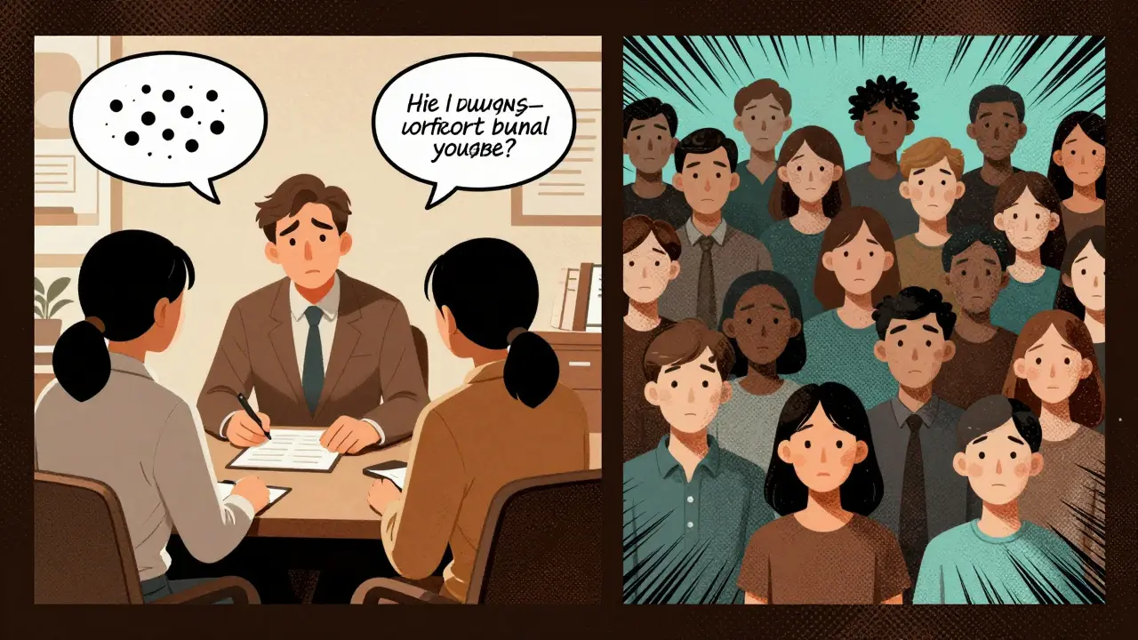 Rozdělený scénář: terapeut naslouchá klientovi v klidné místnosti proti chaosu nevýrazných tváří symbolizujících systém.