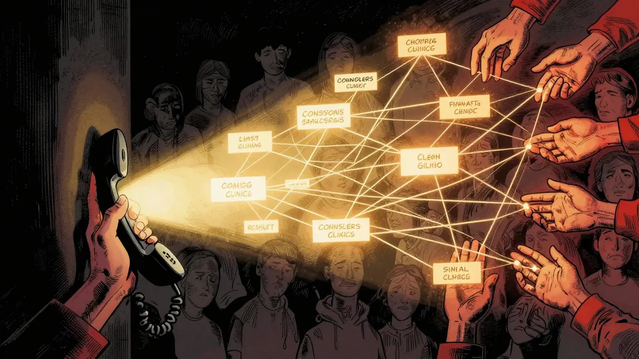 Ruka táhne k telefonu, z něj se rozprostírá světelná síť podpory.