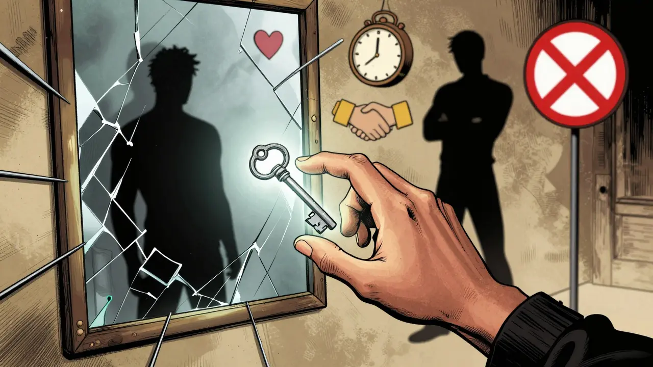 Ruka táhne klíčem skrz prasklou zrcadlovou plochu, zatímco člověk v stínu pozoruje, kolem něj plavou symboly důvěry a varování.